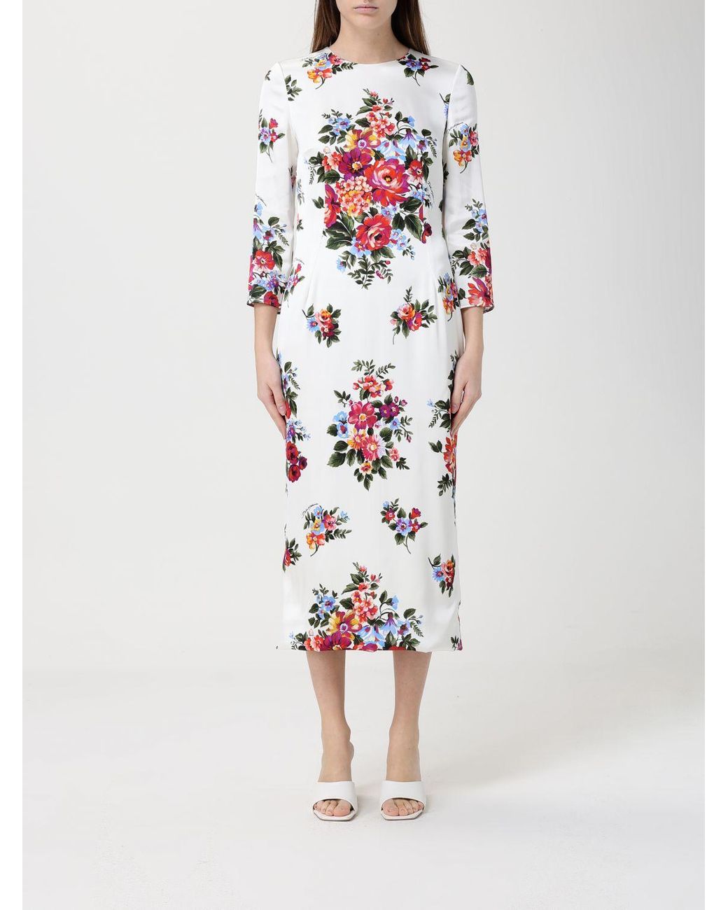 Dolce & Gabbana White Dolce &Amp Gabbana Floral Print Crepe Midi Dress