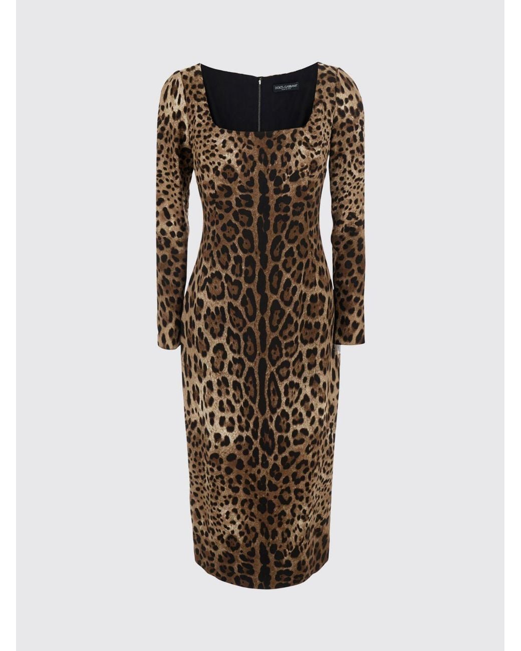Dolce & Gabbana Brown Dolce &Amp Gabbana Animal Print Viscose Sheath Midi Dress With Square Neckline