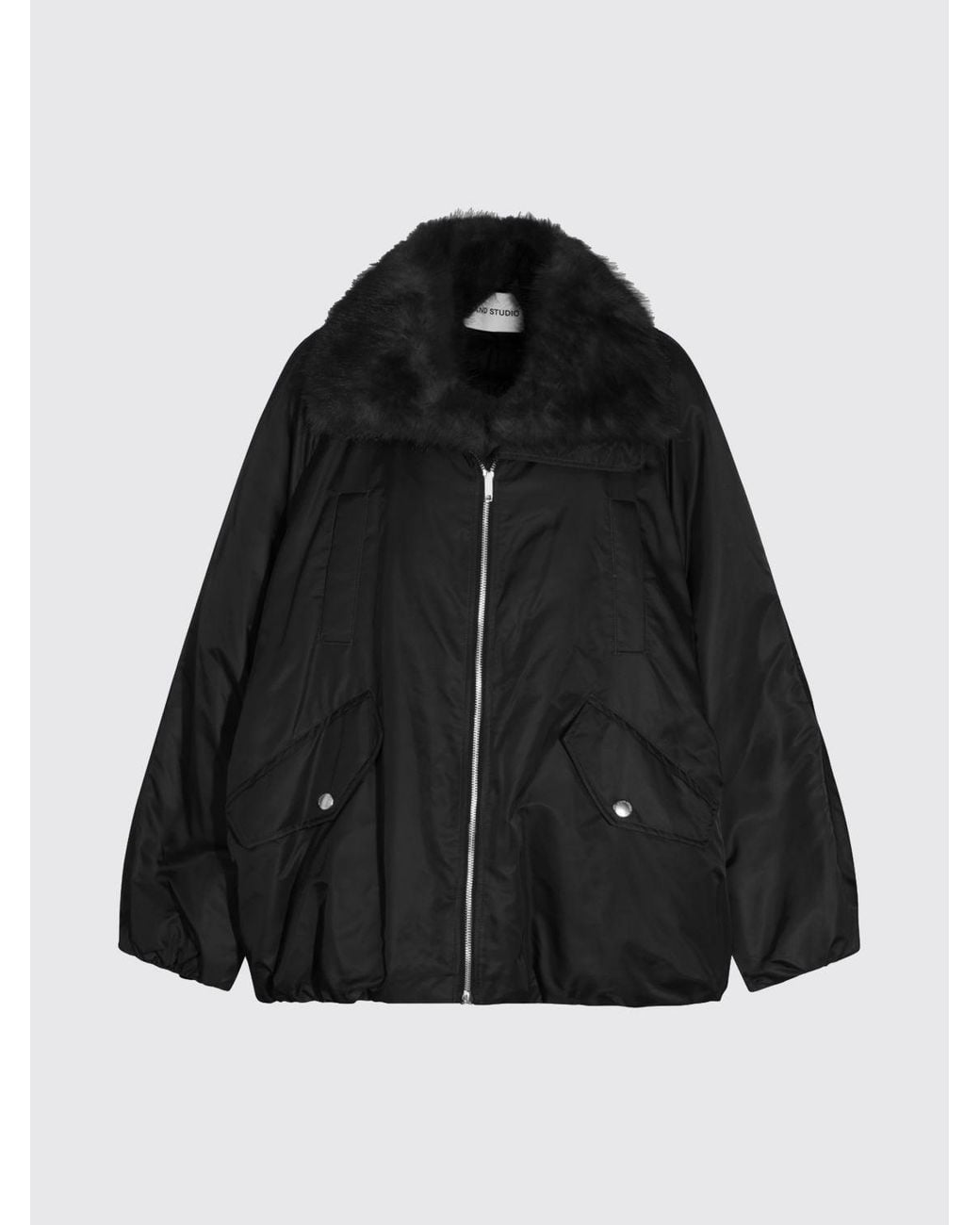 Stand Studio Black Thilda Recycled Nylon Bomber Jacket With Fur Collar