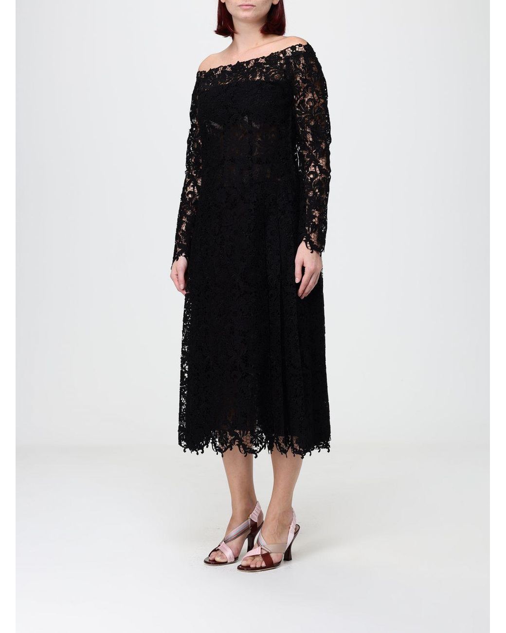 Fendi Black A-Line Lace Midi Dress With A Straight Neckline