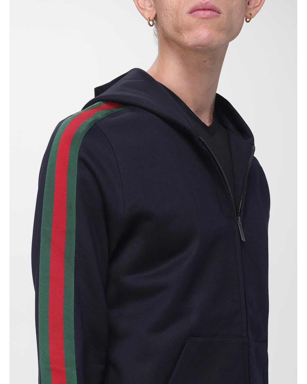 Gucci Blue Silk Zip-Up Hoodie With Striped Web Detail for men