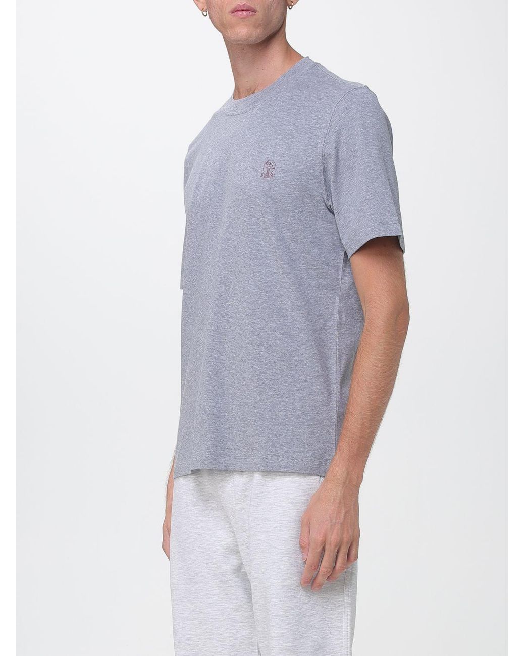 Brunello Cucinelli Blue Cotton Crew-Neck T-Shirt With Contrast Logo for men