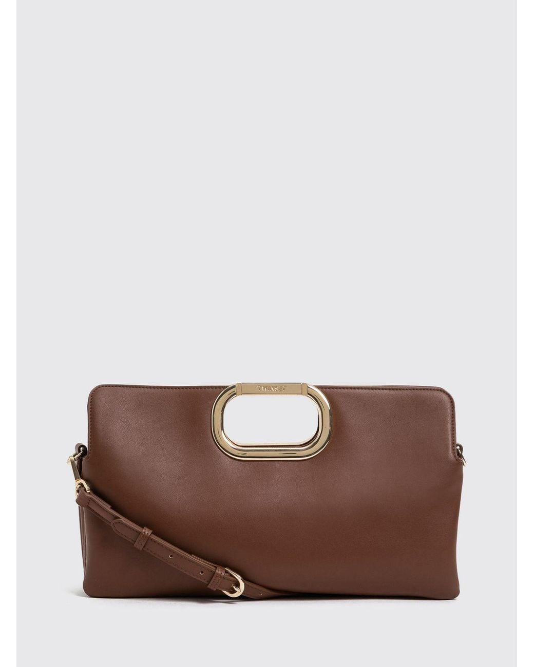Twinset Brown Faux Leather Clutch With Rigid Handle And Shoulder Strap