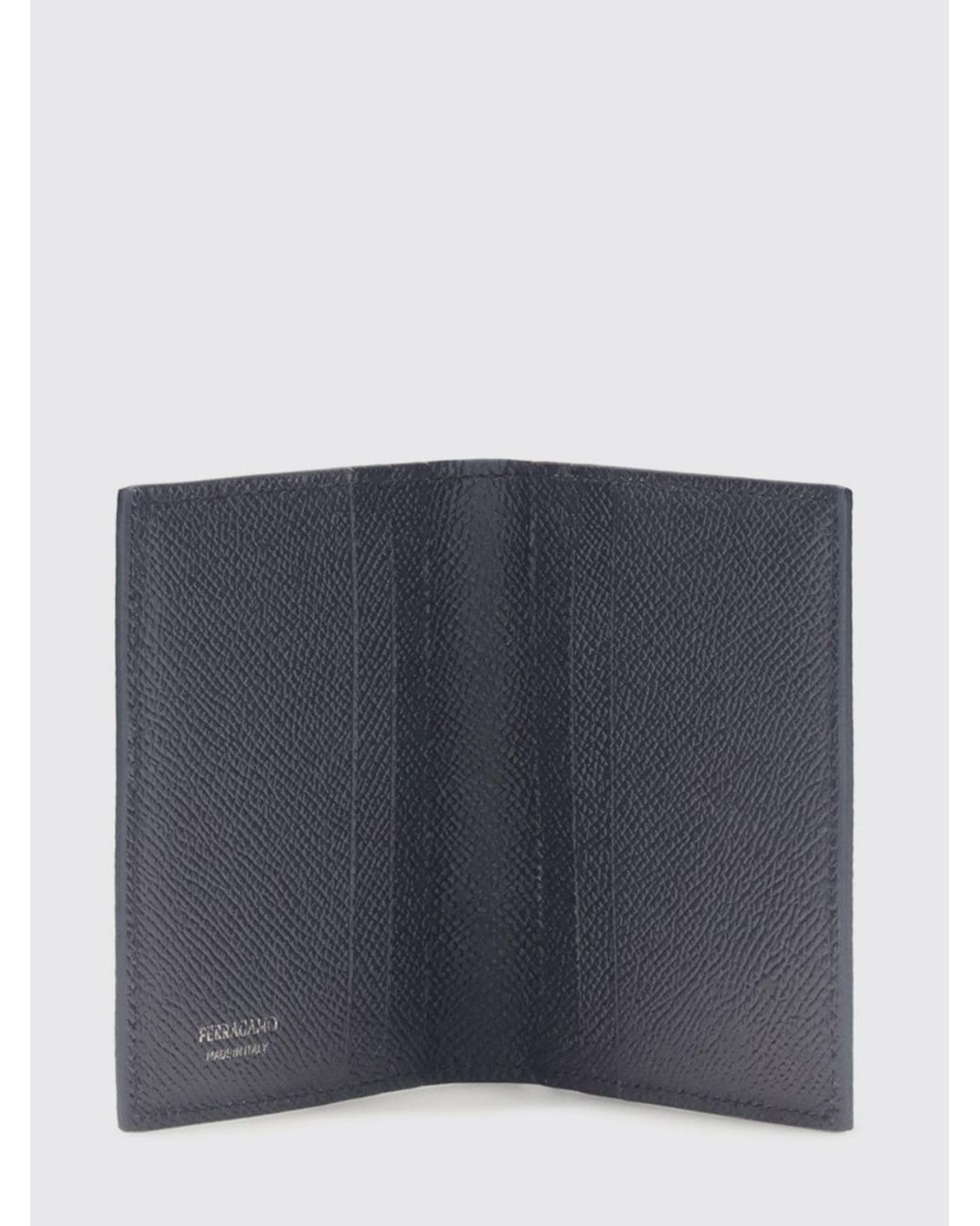 Ferragamo Blue Grained Calfskin Bifold Card Holder With Gancini Detail for men