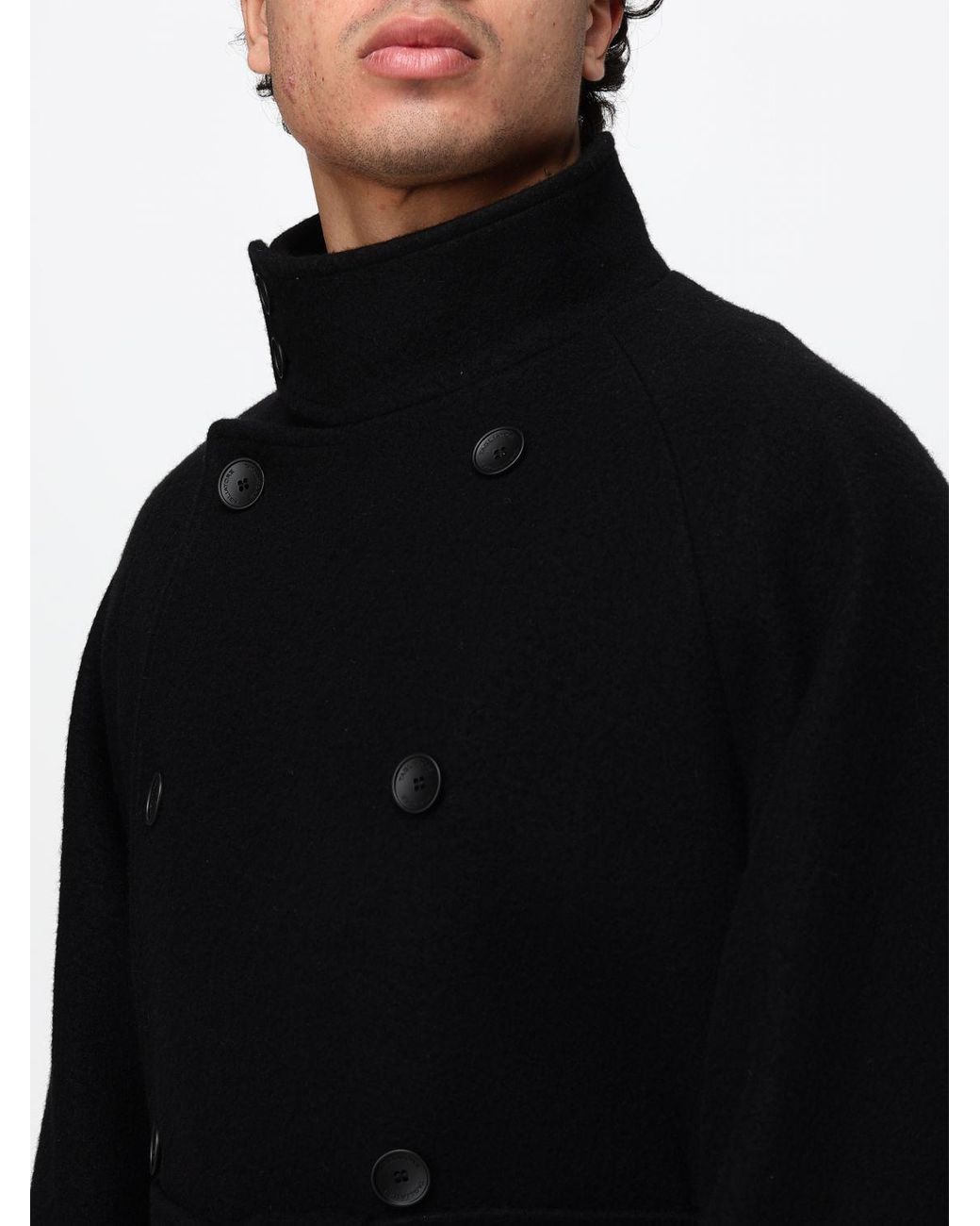 Tagliatore Black Long Double-Breasted Wool Coat With Waist Belt for men
