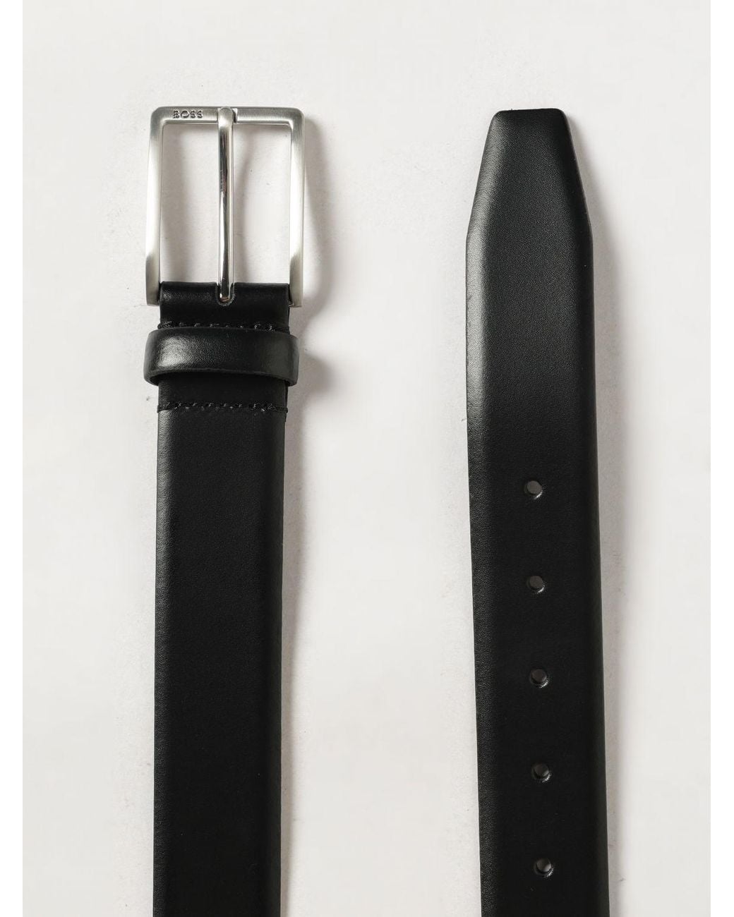 Boss Gray Smooth Leather Belt With Pin Buckle And Engraved Logo for men