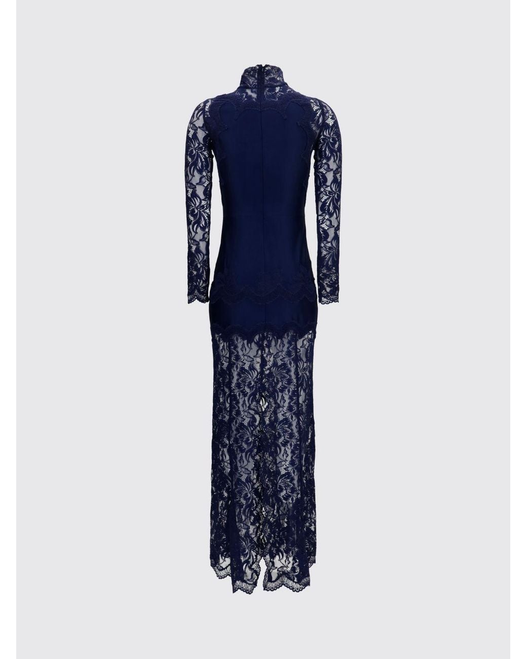 Rabanne Blue Long-Sleeved Satin And Lace High-Neck Gown With Bow Detail