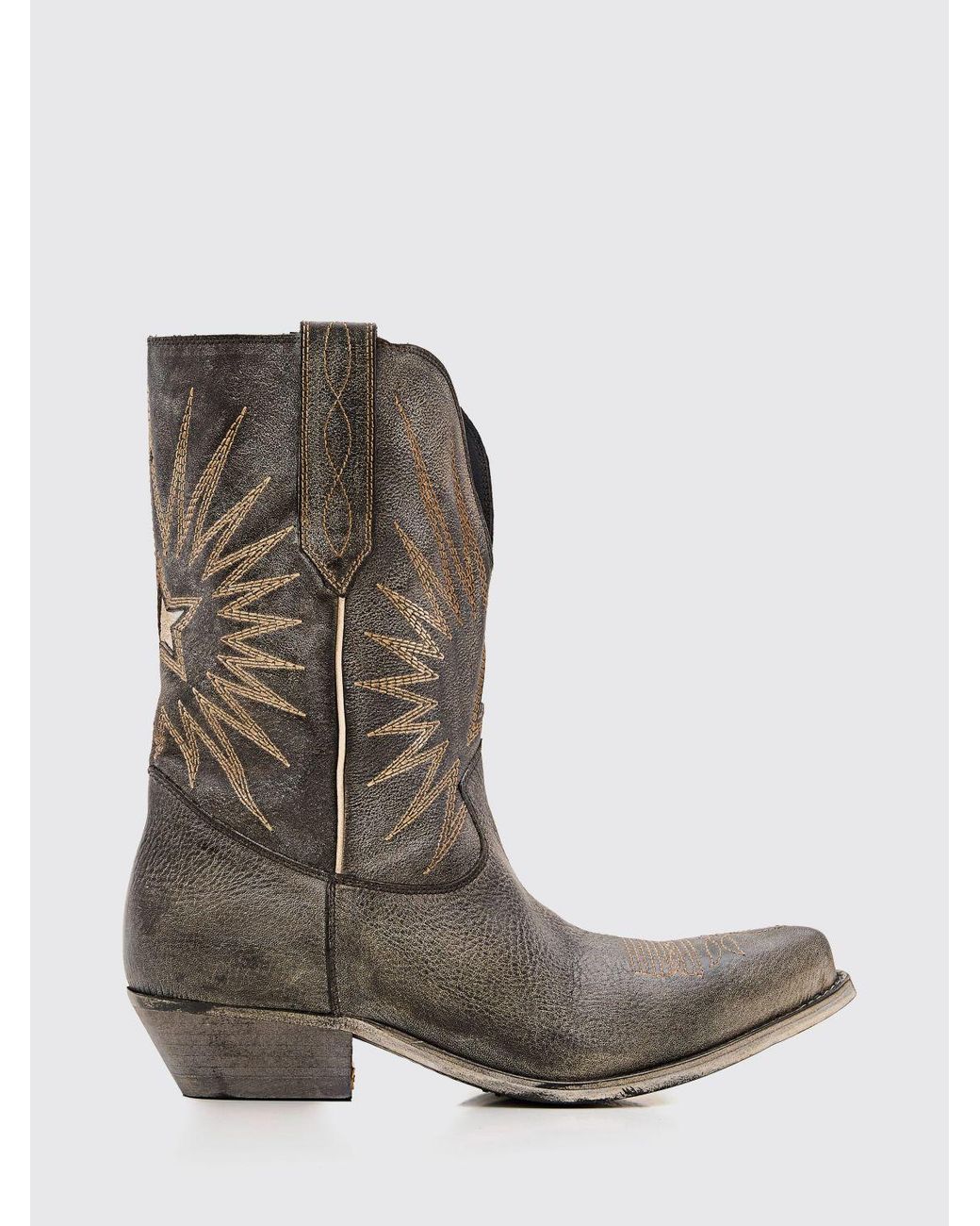 Golden Goose Deluxe Brand Gray Wish Star Distressed Leather Cowboy Boots With Star Embroidery