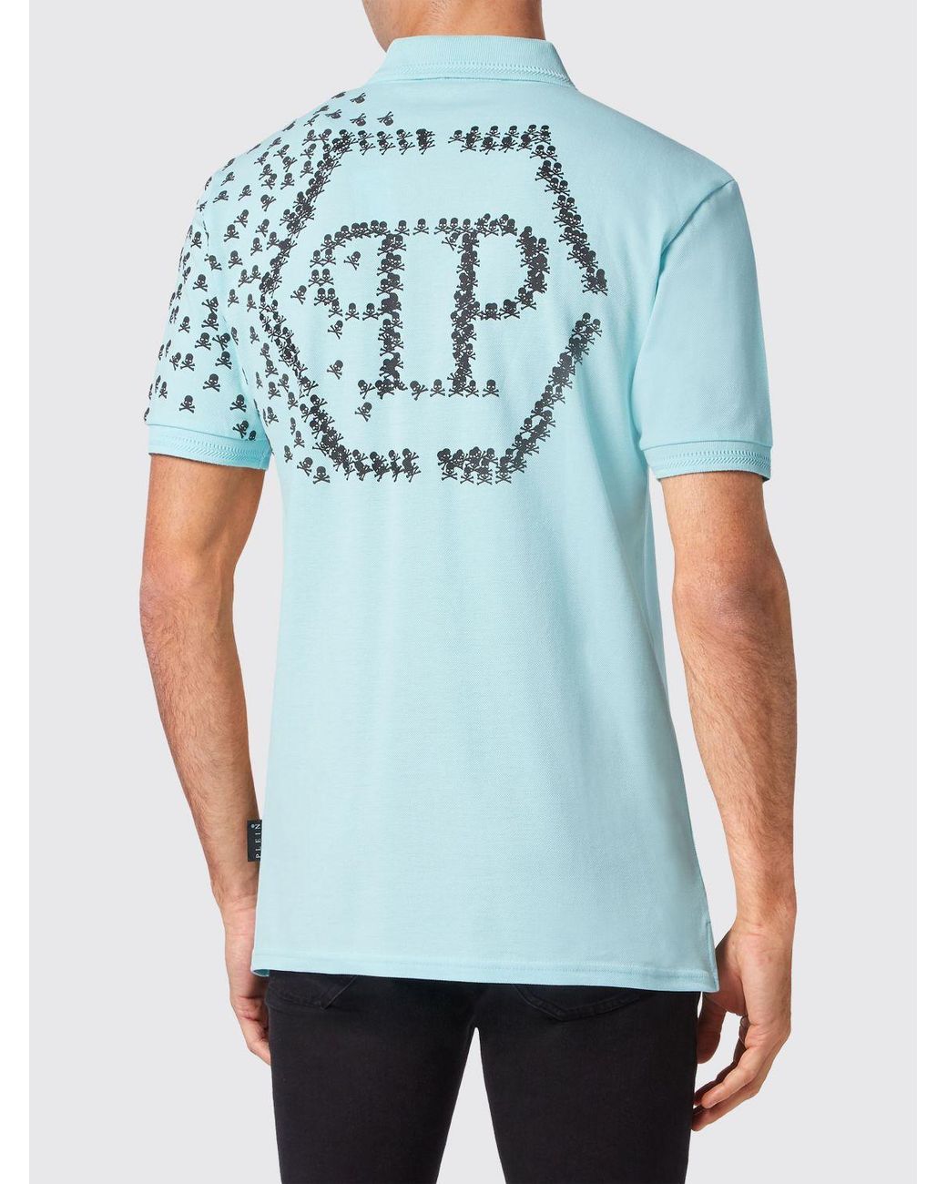 Philipp Plein Blue Cotton Polo Shirt With Skull Monogram Print And Hexagon Logo for men