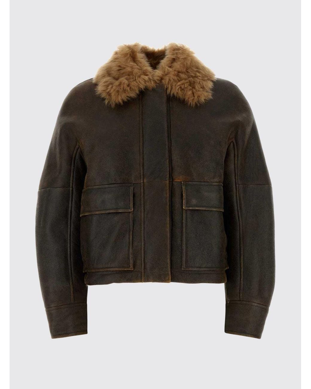 Brunello Cucinelli Brown Short Shearling Jacket With Fur Collar And Concealed Fastening