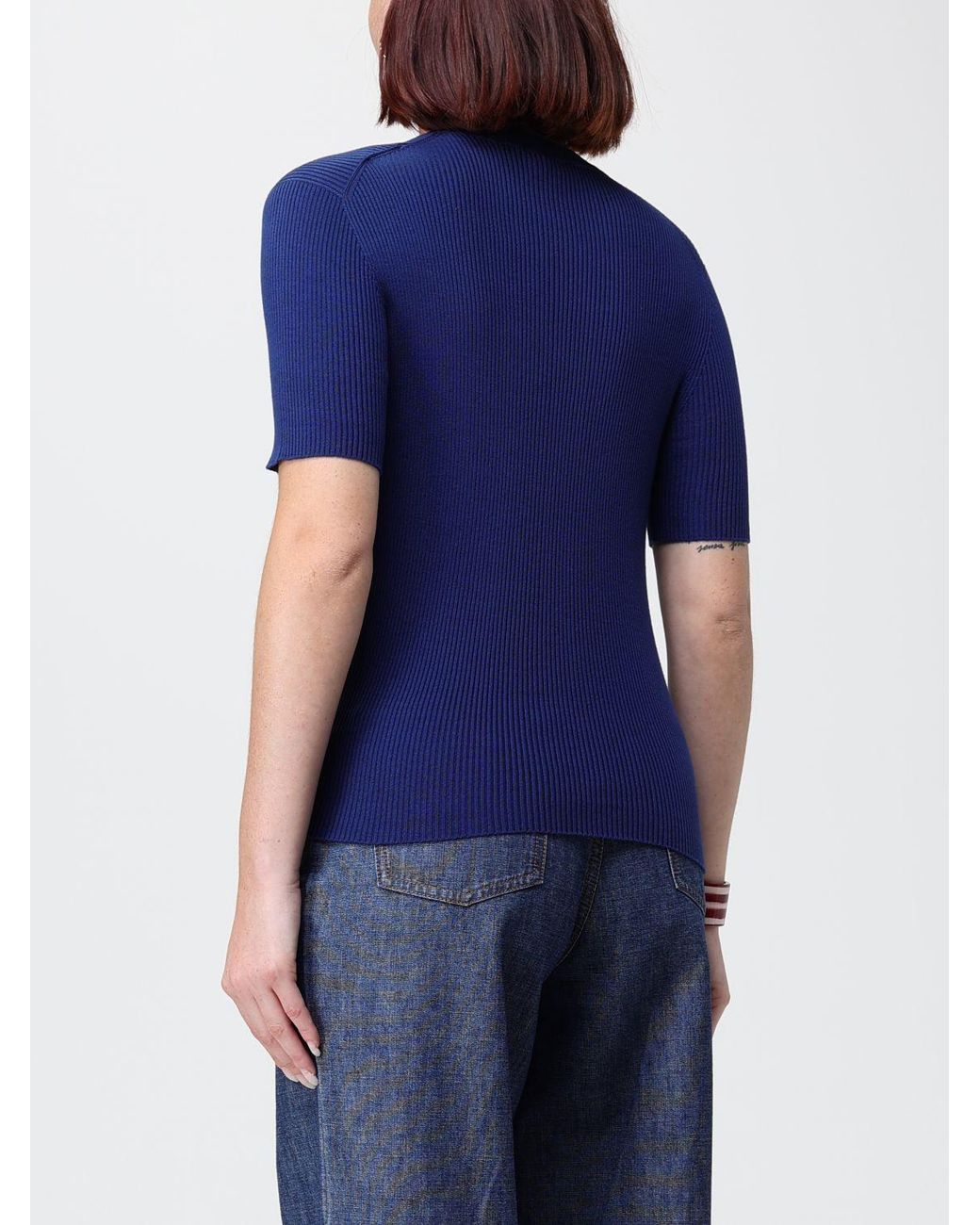 Fendi Blue Ff Monogram Ribbed Cotton Short-Sleeve Knit Top
