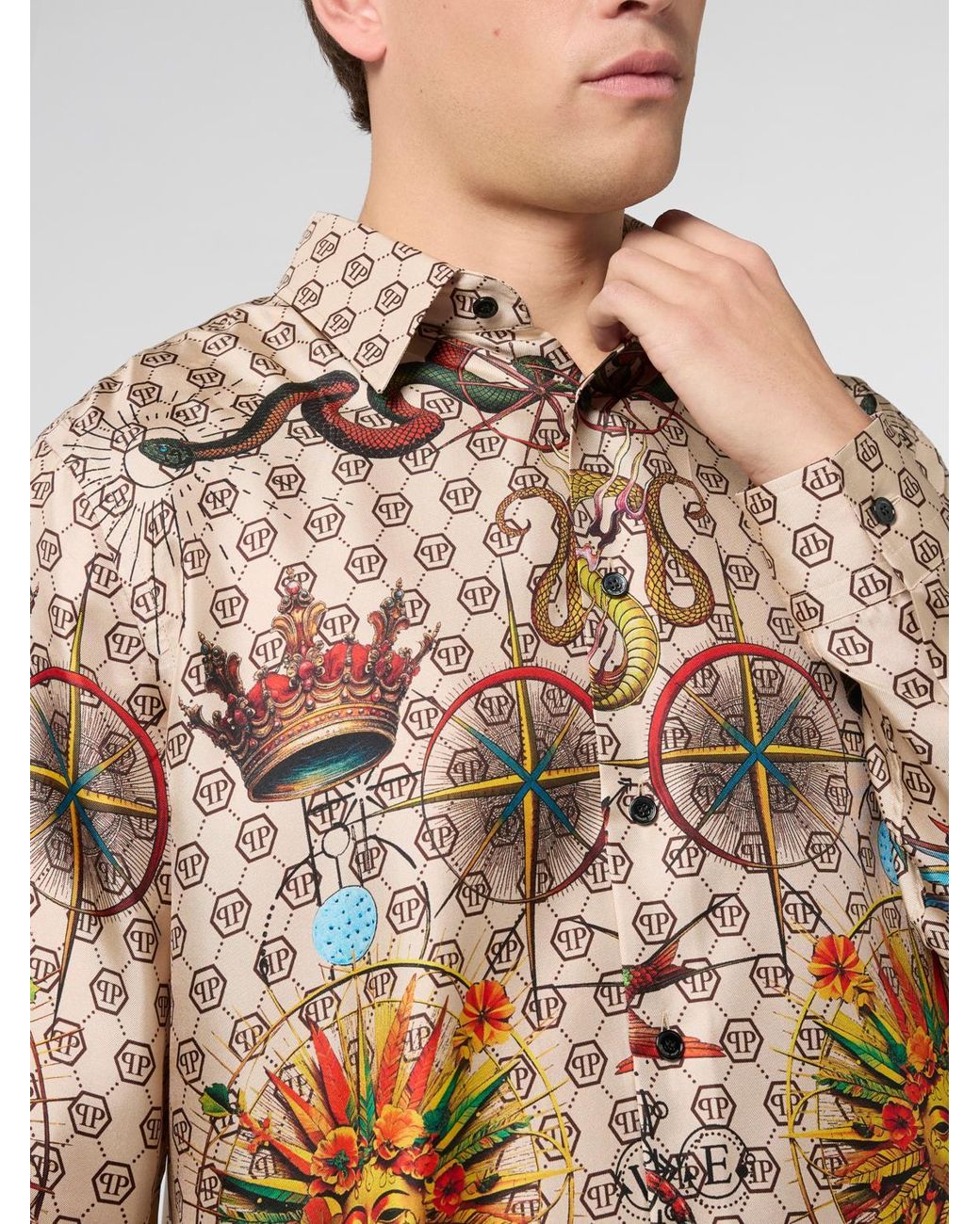 Philipp Plein Natural Silk Shirt With Monogram And Graphic Prints for men