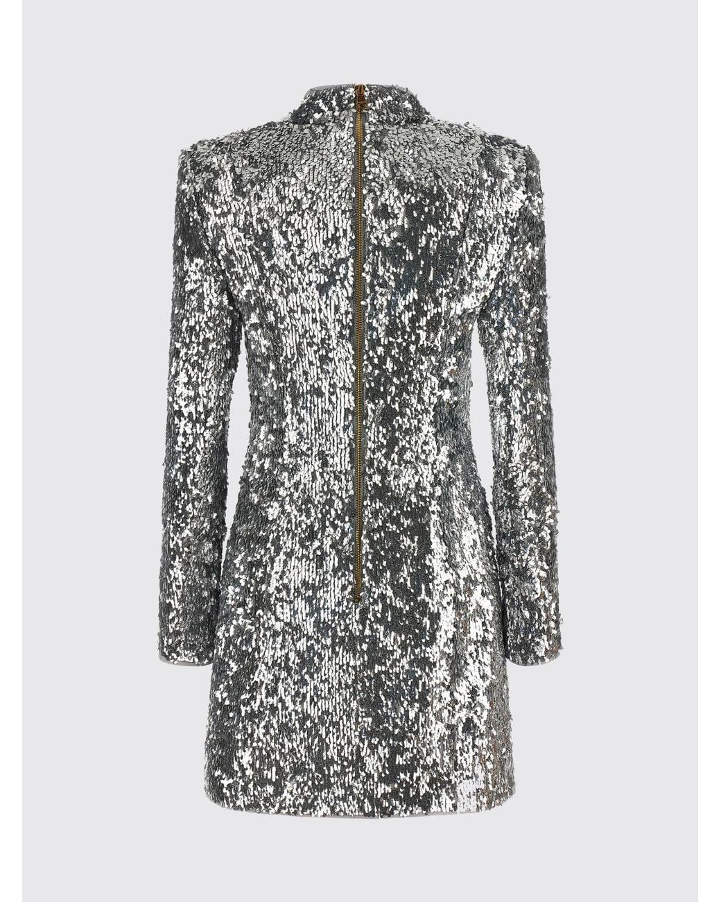 Balmain Gray Sequin-Embroidered Sheath Mini Evening Dress With High Neck