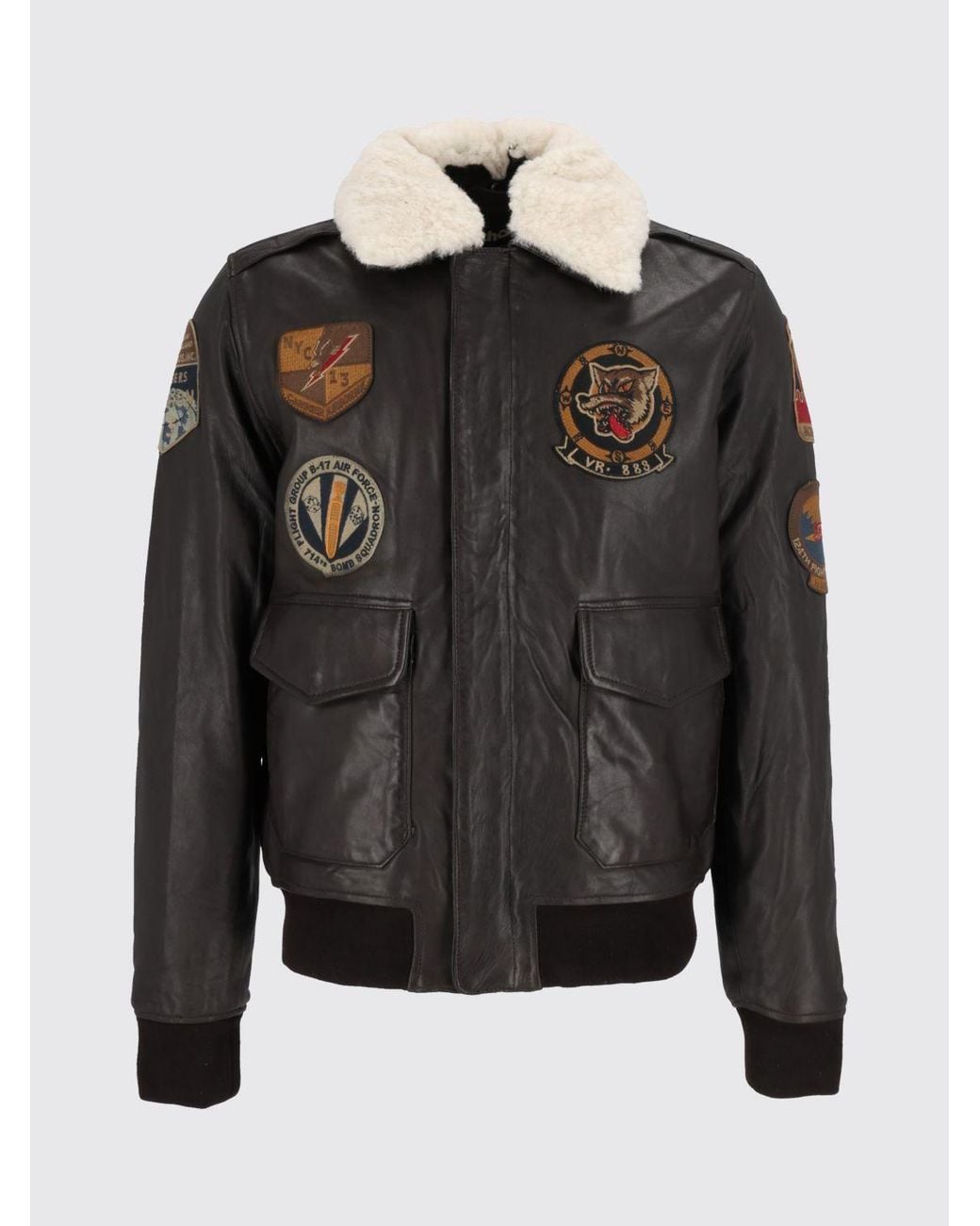 Schott Nyc Black College-Style Leather Jacket With Fur Collar And Logo Patch for men