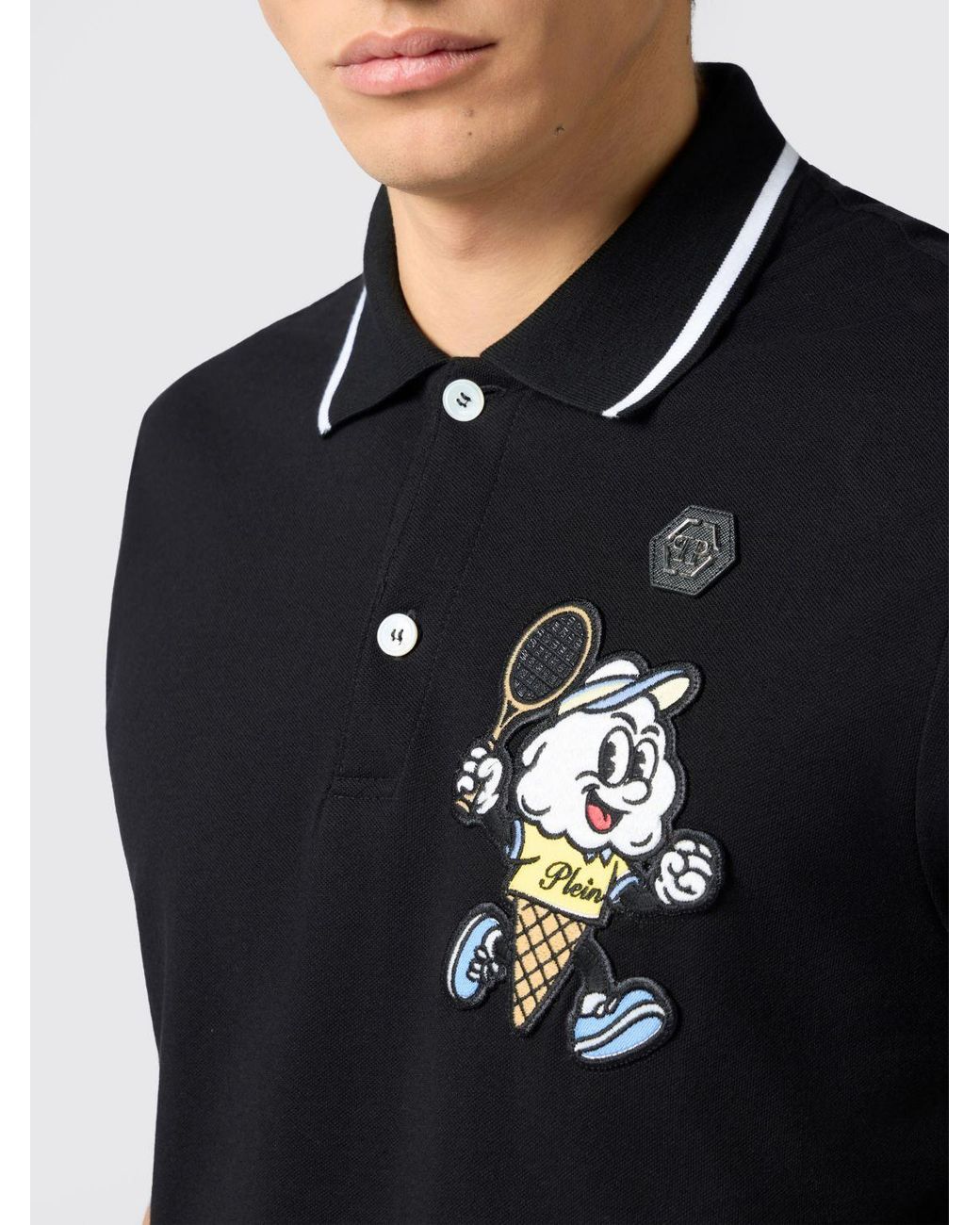 Philipp Plein Black Cotton Piqué Polo Shirt With Hexagon Logo Patch for men