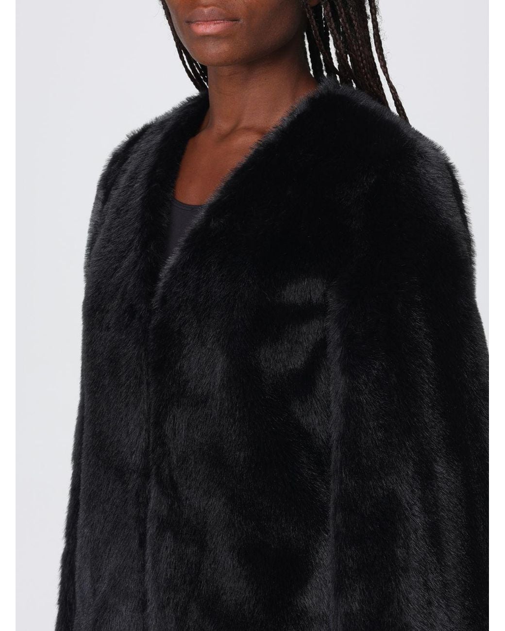 Twinset Black V-Neck Abstract Pattern Faux Fur Coat