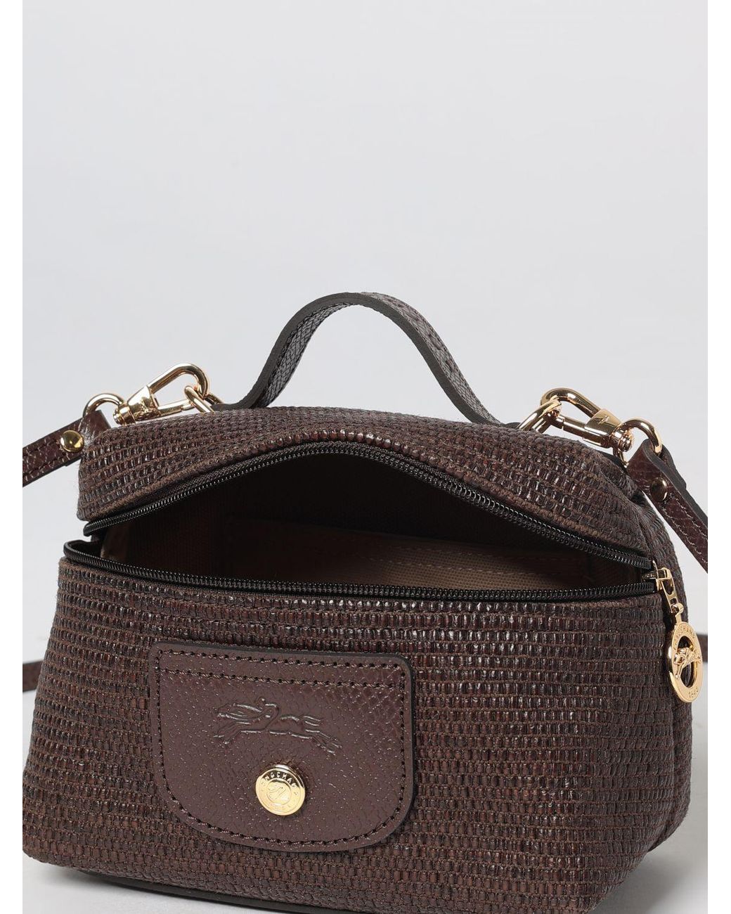 Longchamp Brown Le Pliage Mini Raffia Handbag With Leather Handle