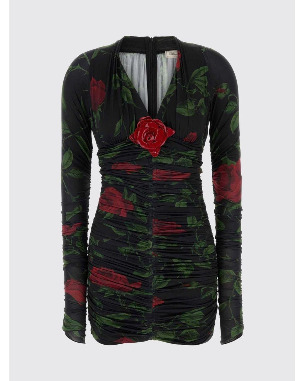 Blumarine Black Draped Sheath Mini Dress With Floral Pattern And V-Neck