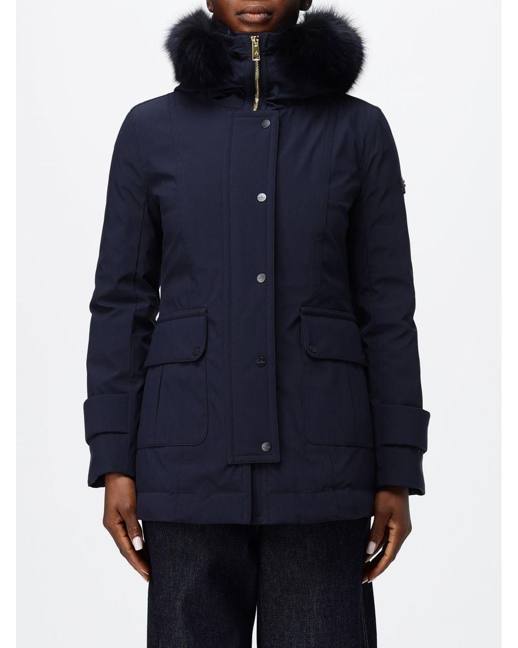 Peuterey Blue Knee-Length Polyester Parka With Shearling Hood And Applied Logo