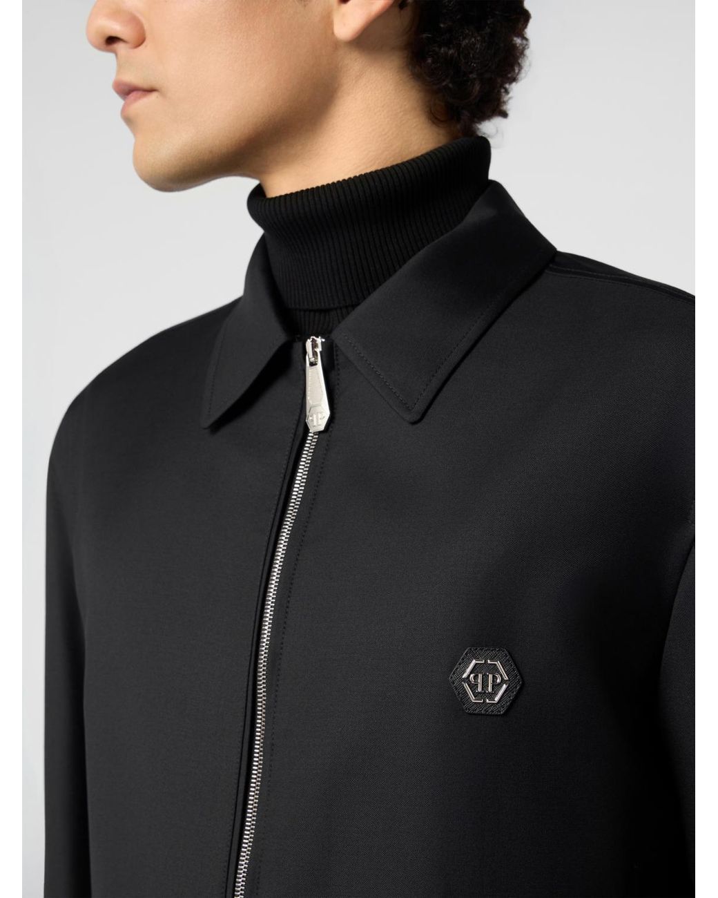 Philipp Plein Black Hexagon Monogram Wool Blend Shirt Jacket for men