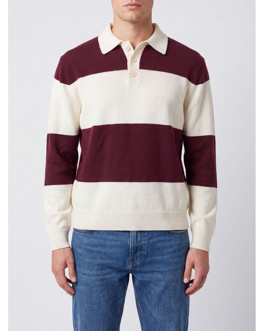 A.P.C. Red Striped Virgin Wool Long-Sleeved Knit Polo Shirt for men