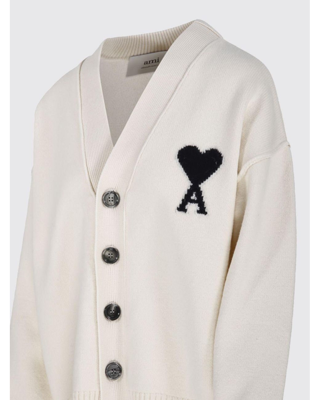 AMI Natural V-Neck Wool Cardigan With Contrast Logo for men
