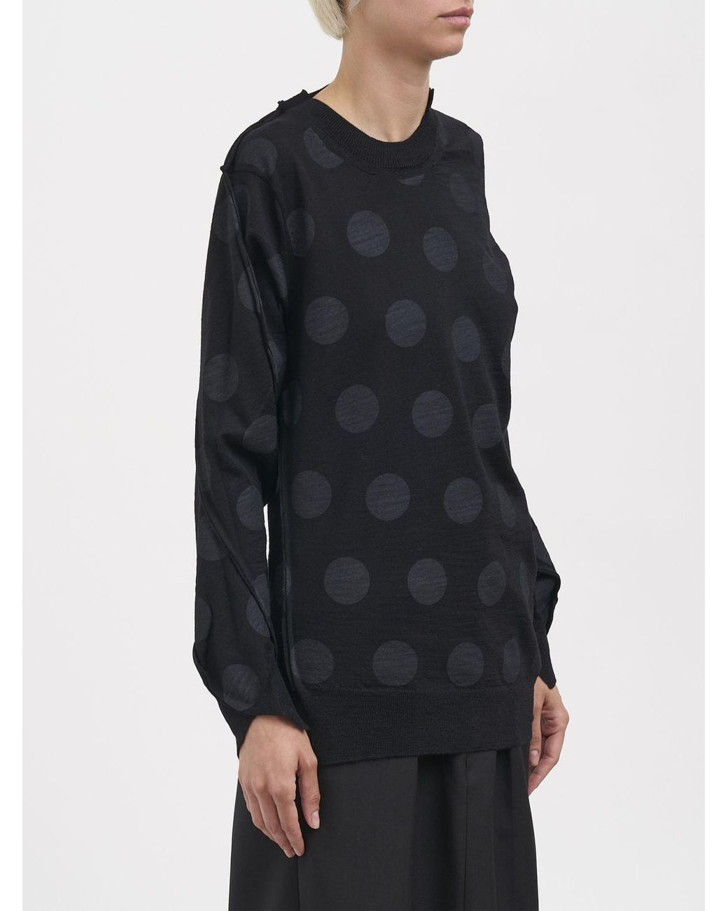 Junya Watanabe Black Polka-Dot Pure Wool Crewneck Jumper With Asymmetric Hem