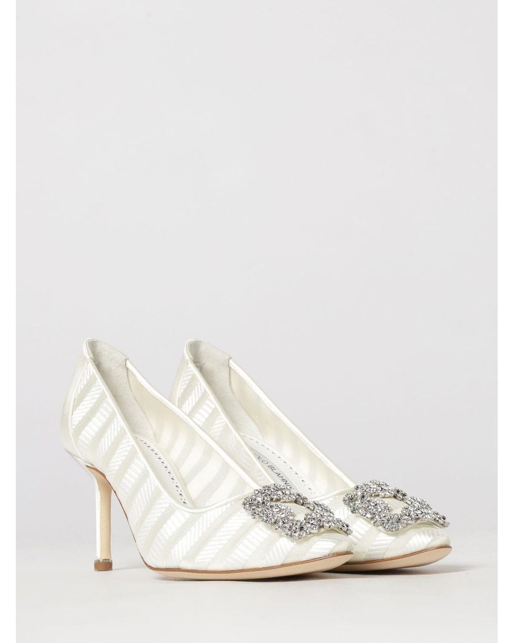 Manolo Blahnik Natural Hangisi Bridal Silk Satin Pumps With Jewelled Buckle