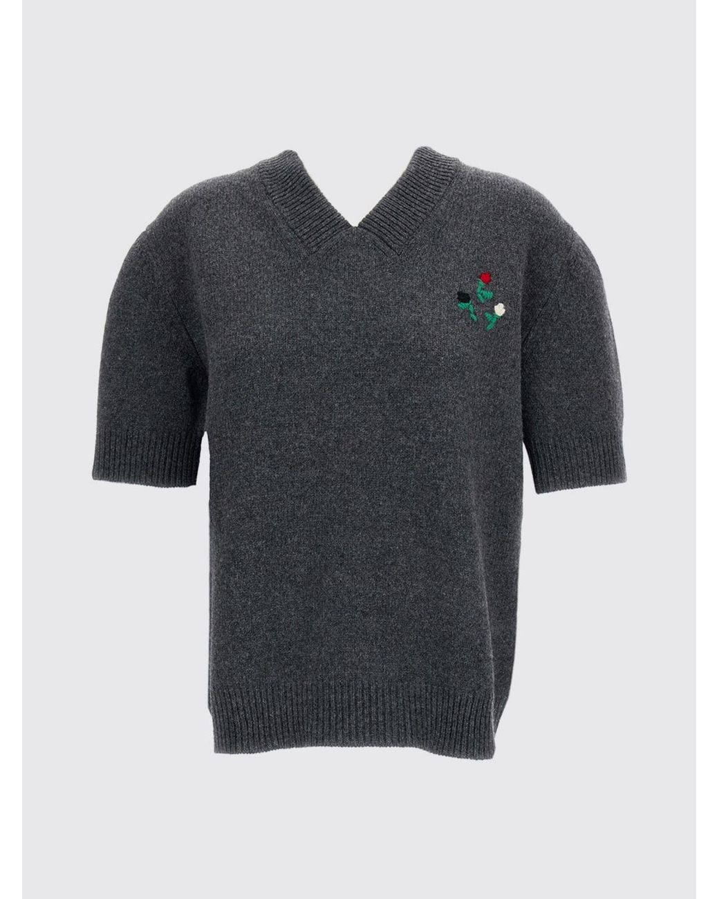Marni Gray V-Neck Virgin Wool And Cashmere Sweater With Embroidery