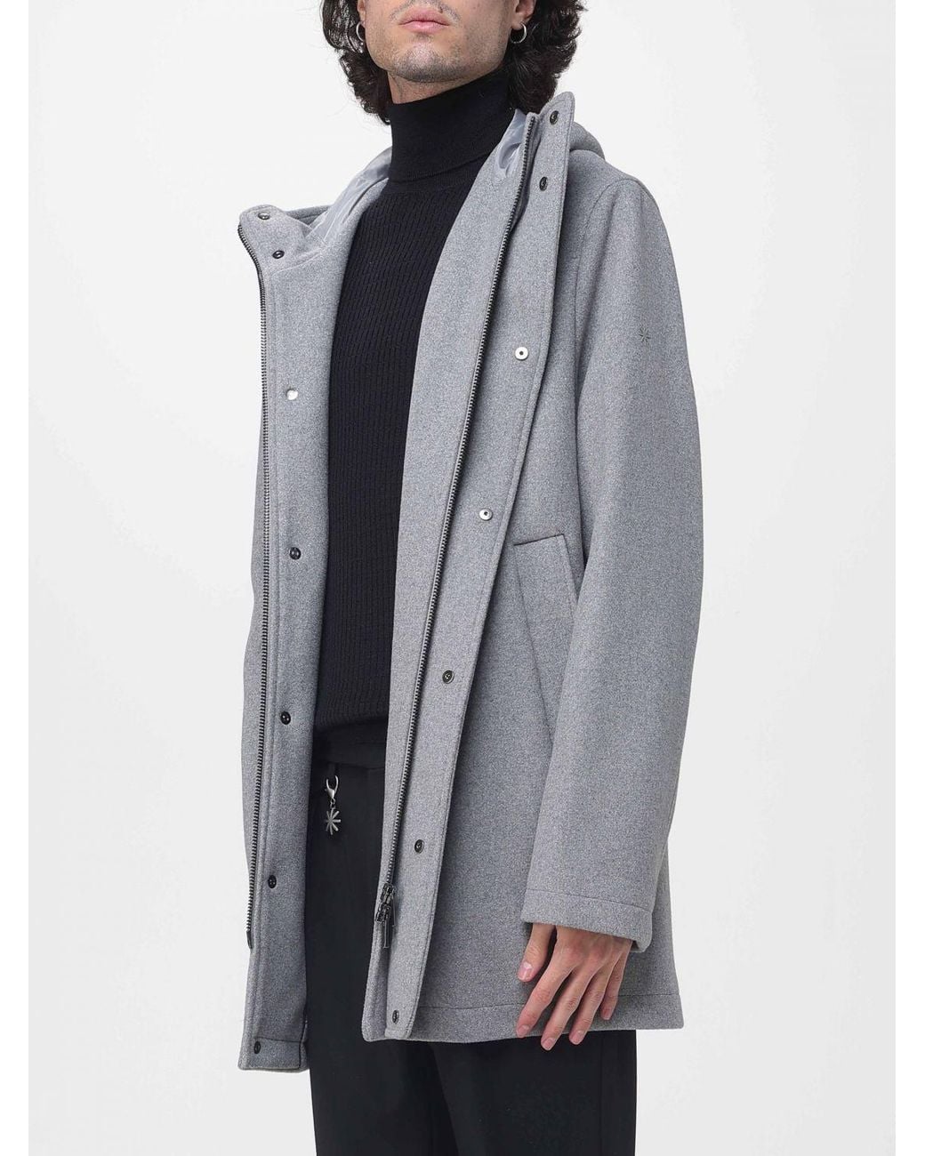 Manuel Ritz Gray Single-Breasted Wool Coat With Hood And Concealed Fastening for men