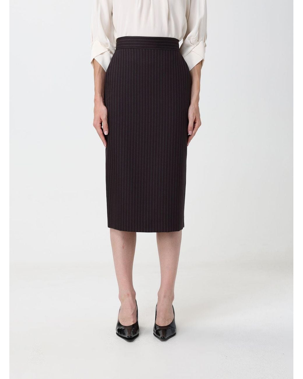 Elisabetta Franchi Black High-Waisted Pinstripe Cool Wool Pencil Midi Skirt