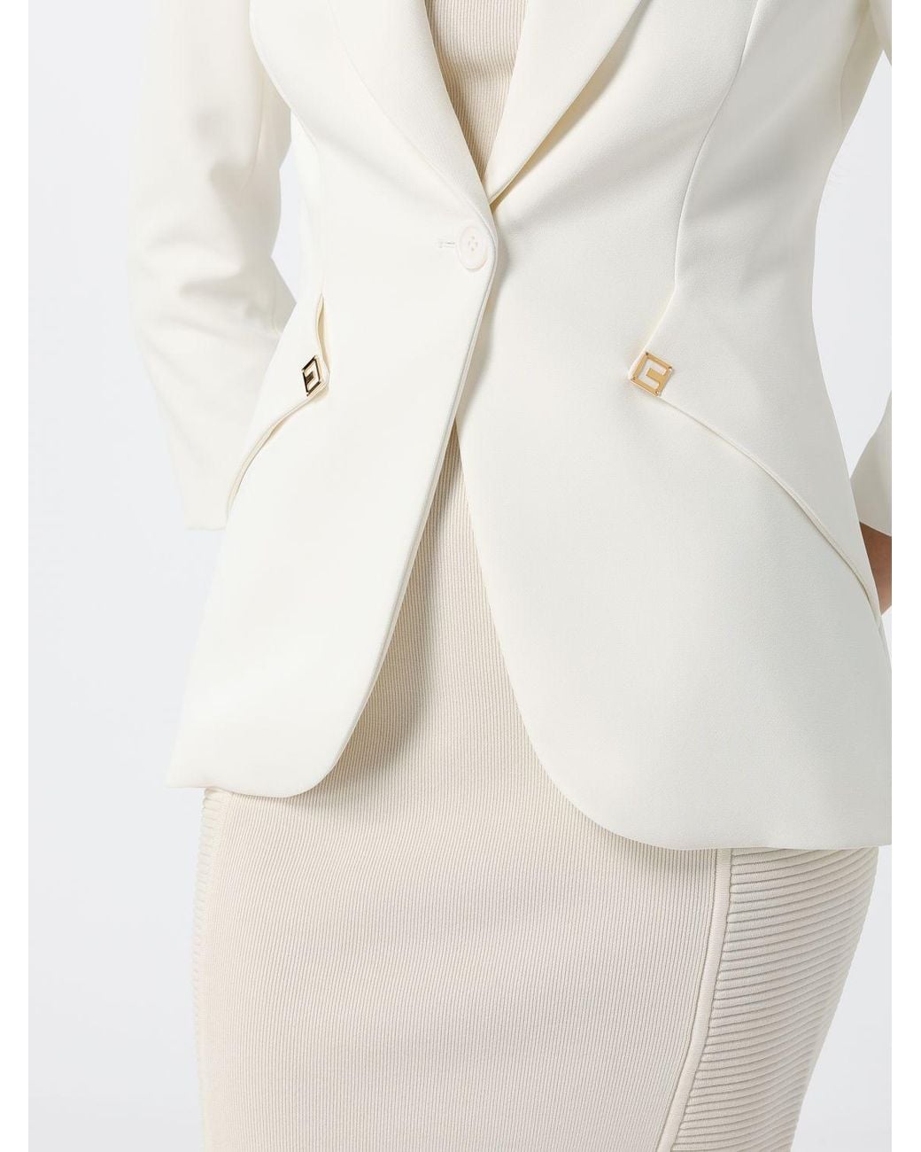 Elisabetta Franchi White Cropped Single-Breasted Slim Fit Blazer With Peak Lapels