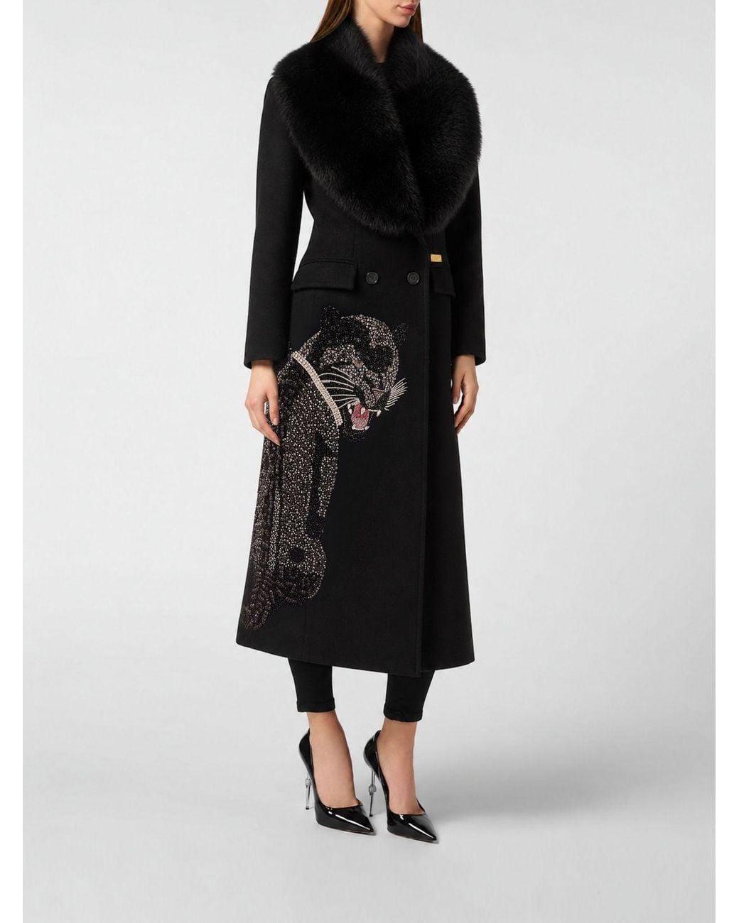 Philipp Plein Black Double-Breasted Long Coat