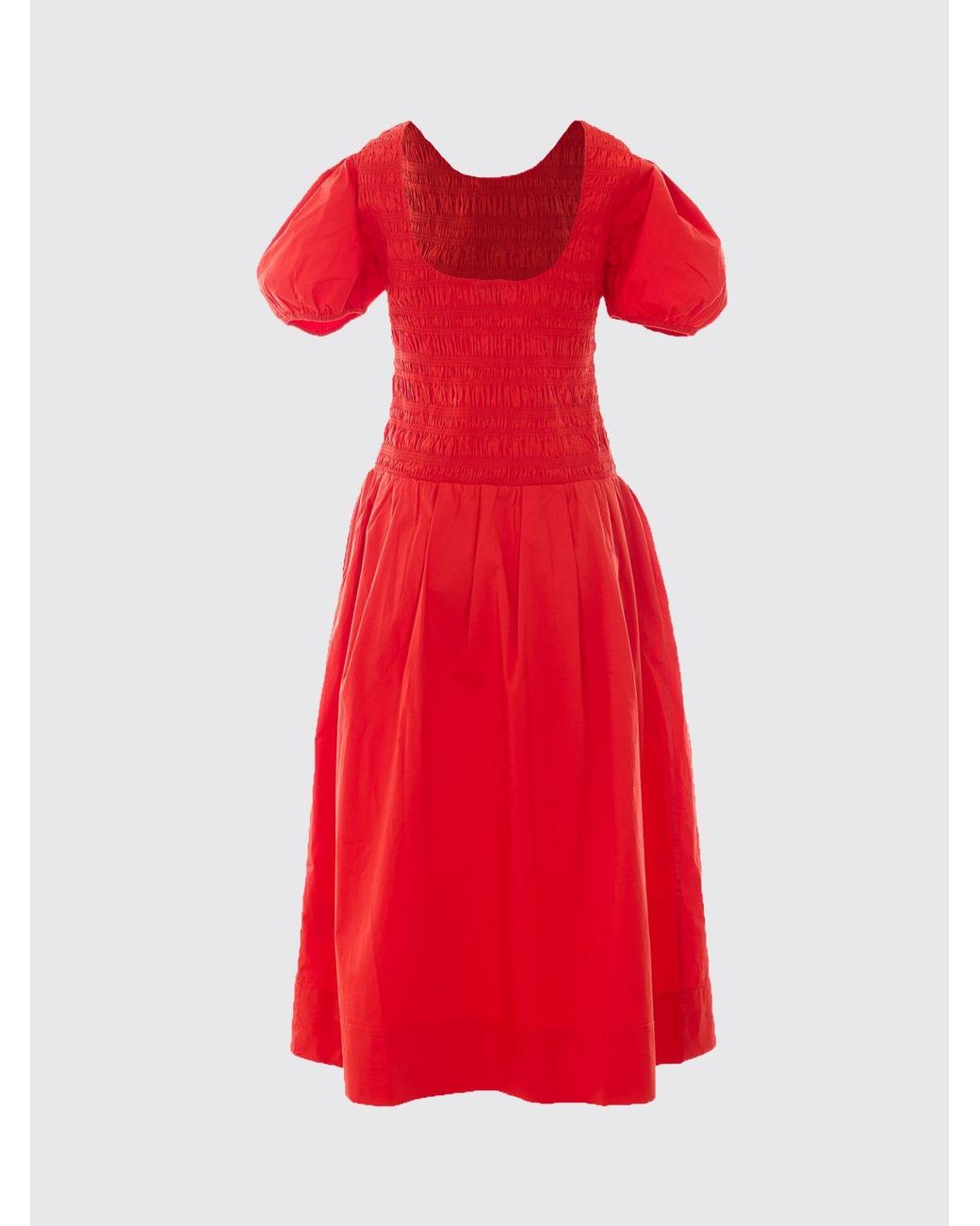 Ganni Red Puff-Sleeve Organic Cotton Midi Dress