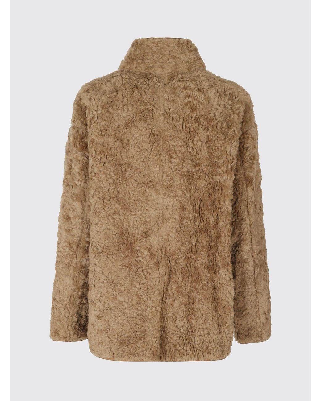 Low Classic Brown Reversible Shearling Faux Fur Coat With High Neck
