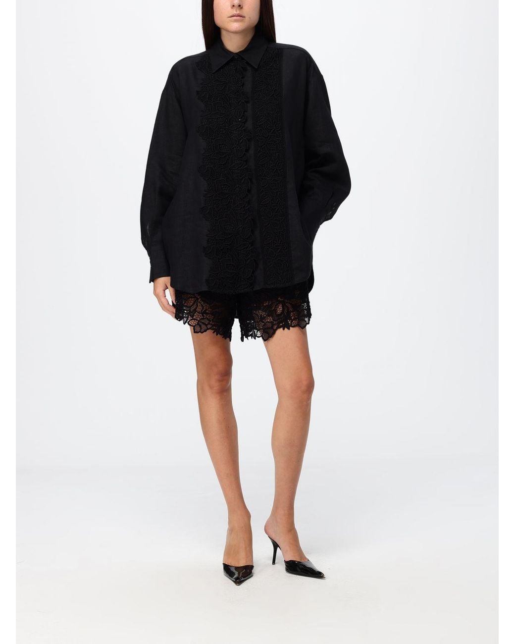 Ermanno Scervino Black Relaxed Fit Linen Shirt With Lace Inserts