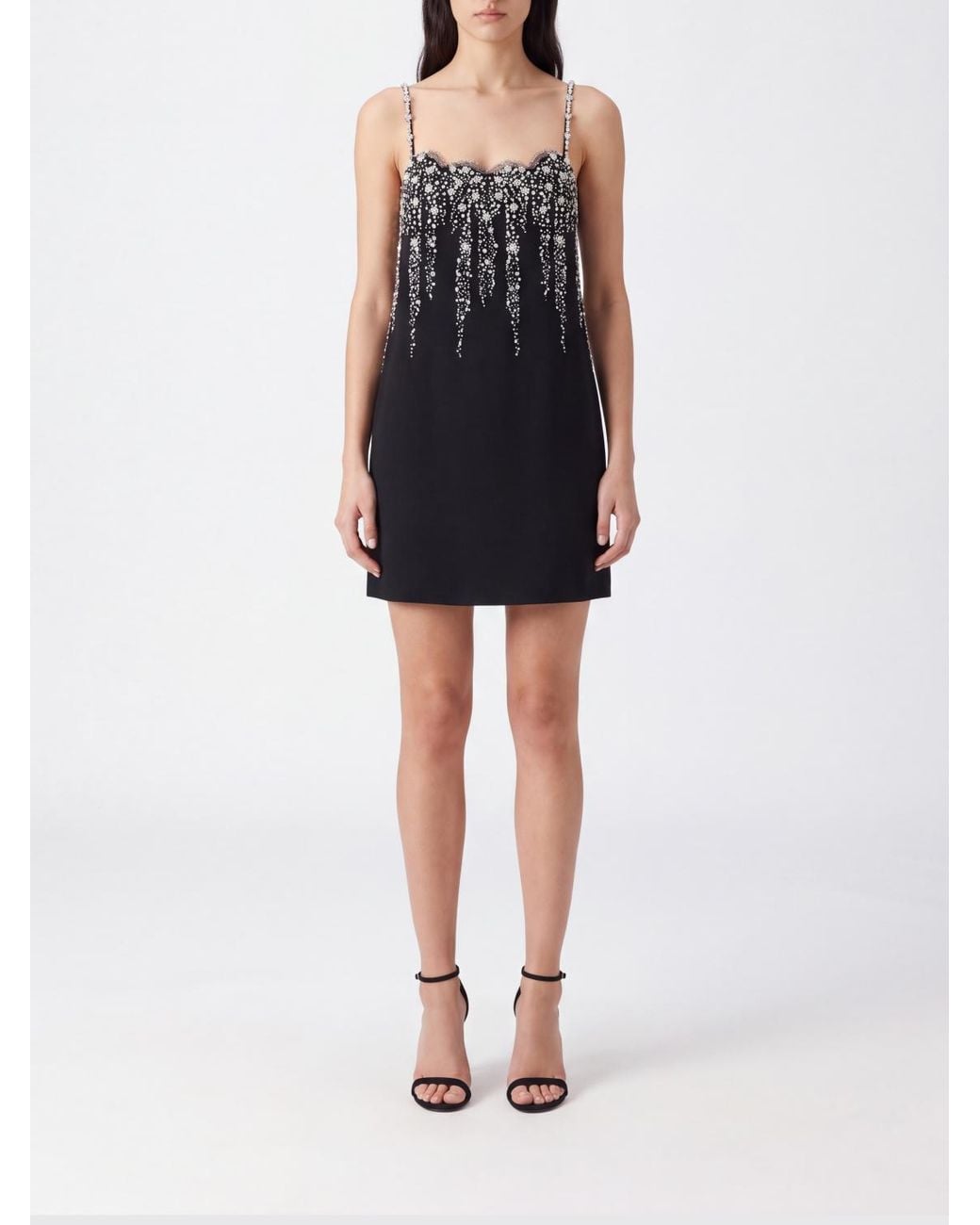 Valentino Garavani Black Merino Wool Mini Sheath Dress With Rhinestones And Square Neck