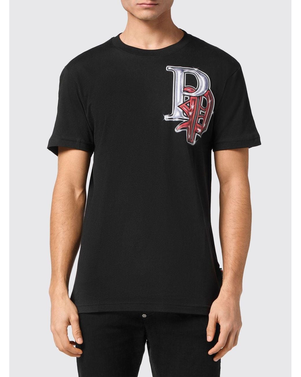 Philipp Plein Black Cotton T-Shirt With Graphic Print And Contrast Back Logo for men