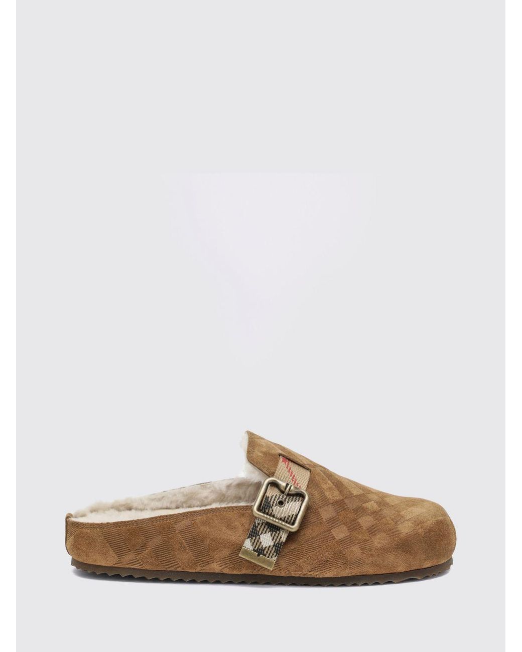 Burberry White Urchin Shearling Mules With Vintage Check Pattern And Strap