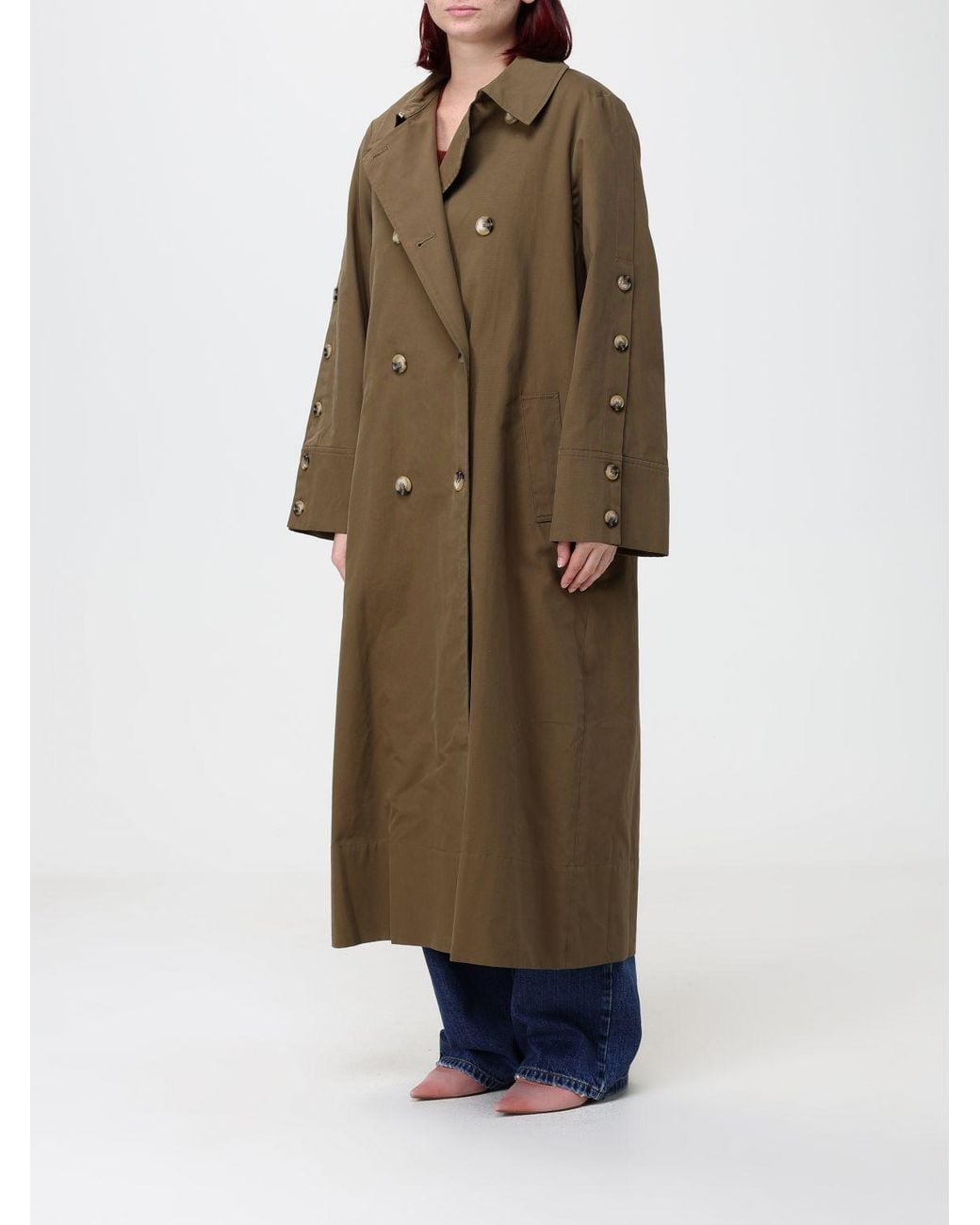 Twinset Natural Double-Breasted Long Cotton-Blend Trench Coat With Belt And Kimono Sleeves