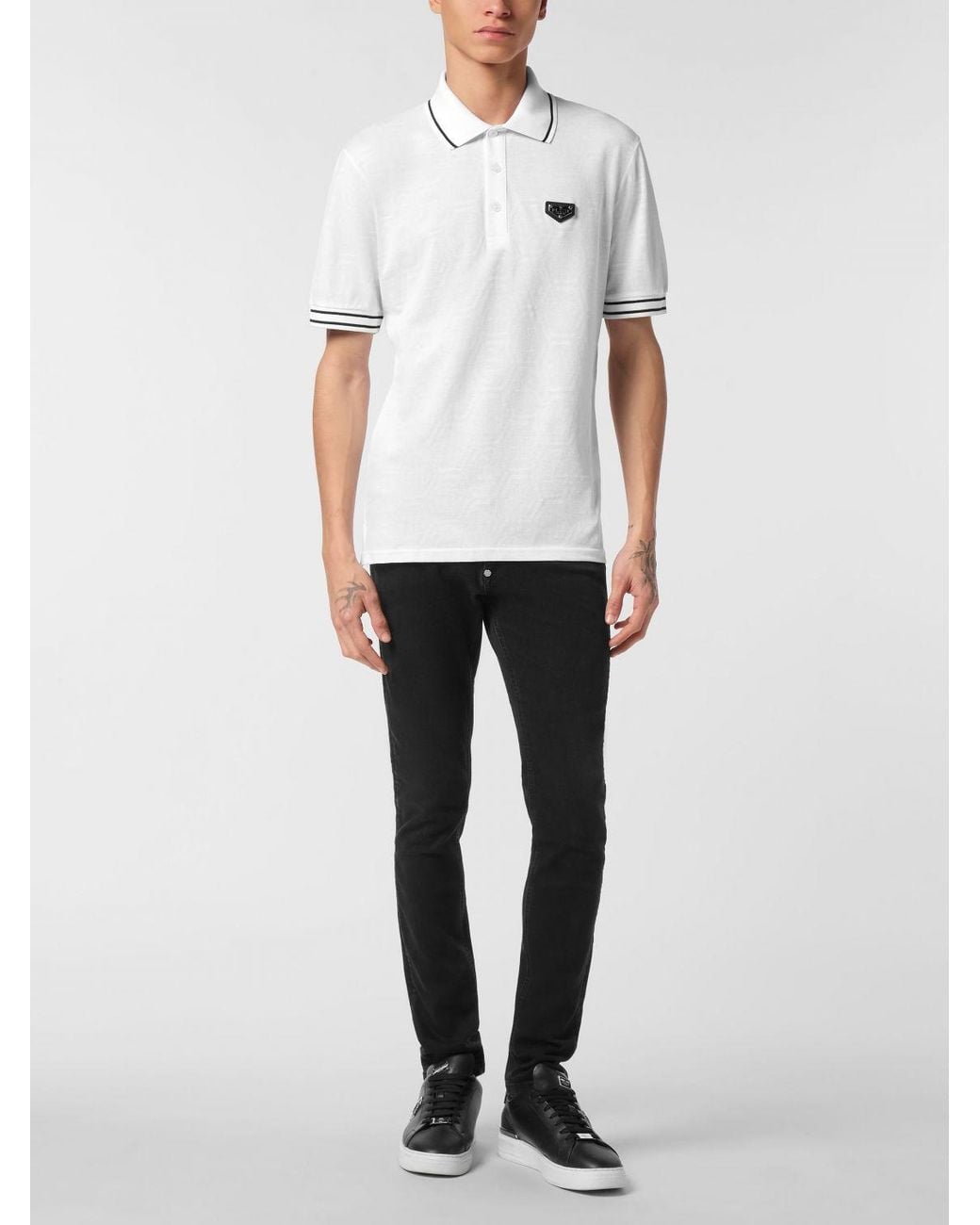 Philipp Plein White Short-Sleeved Cotton Polo Shirt With Contrast Logo And Classic Collar for men