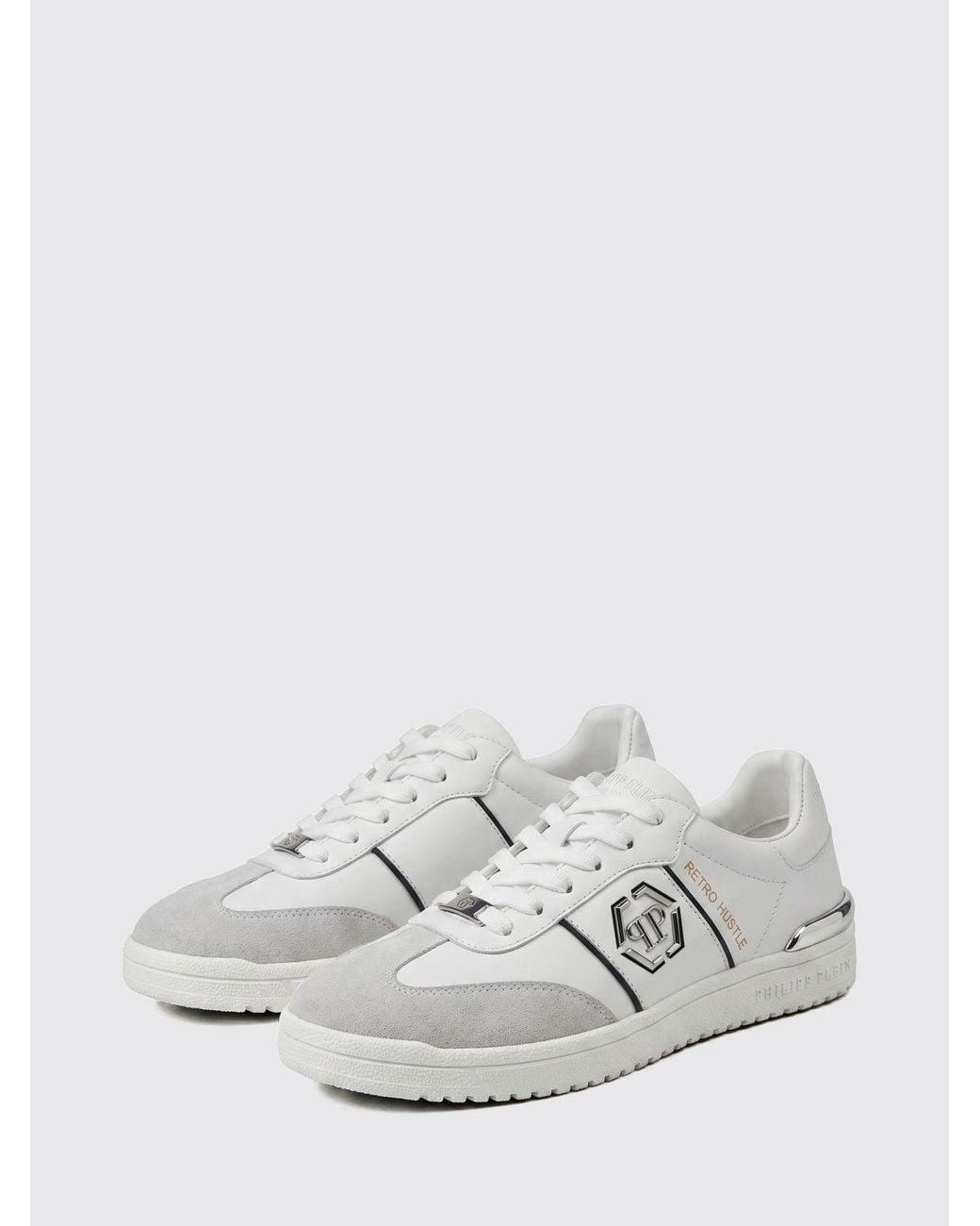 Philipp Plein White Retro Hustle Leather Sneakers With Hexagon Logo for men