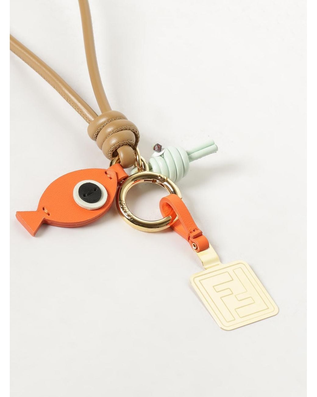 Fendi Natural Fish Leather And Metal Keyring With Charm And Ff Monogram