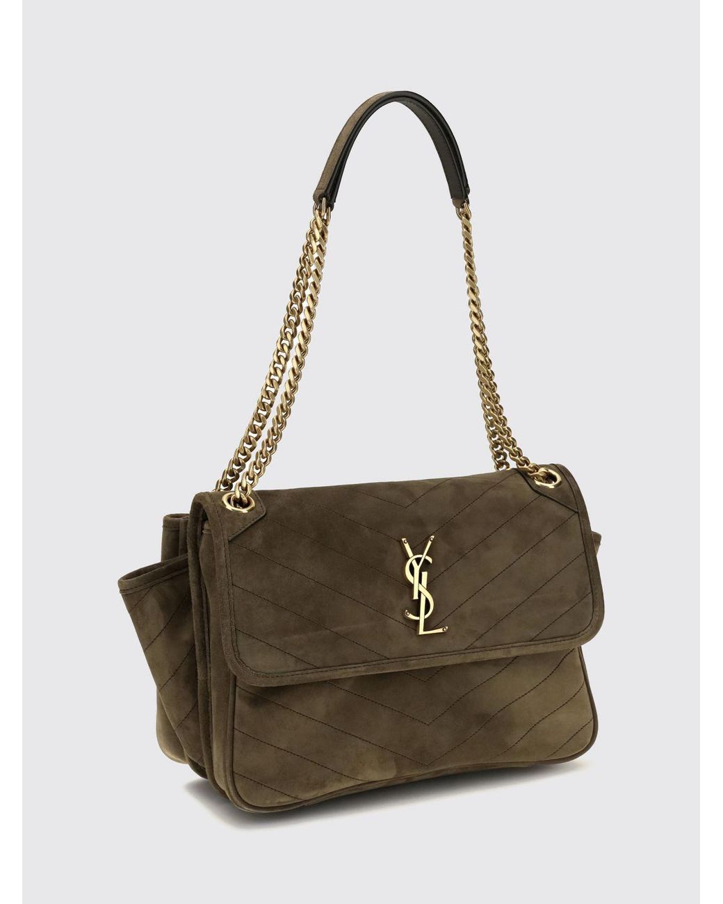 Saint Laurent Natural Niki Quilted Suede Shoulder Bag With Ysl Logo