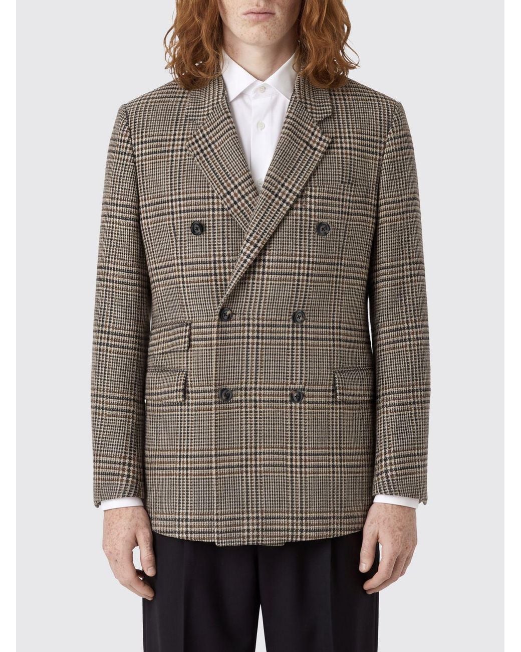 Emporio Armani Gray Double-Breasted Virgin Wool Blazer With Houndstooth Pattern for men