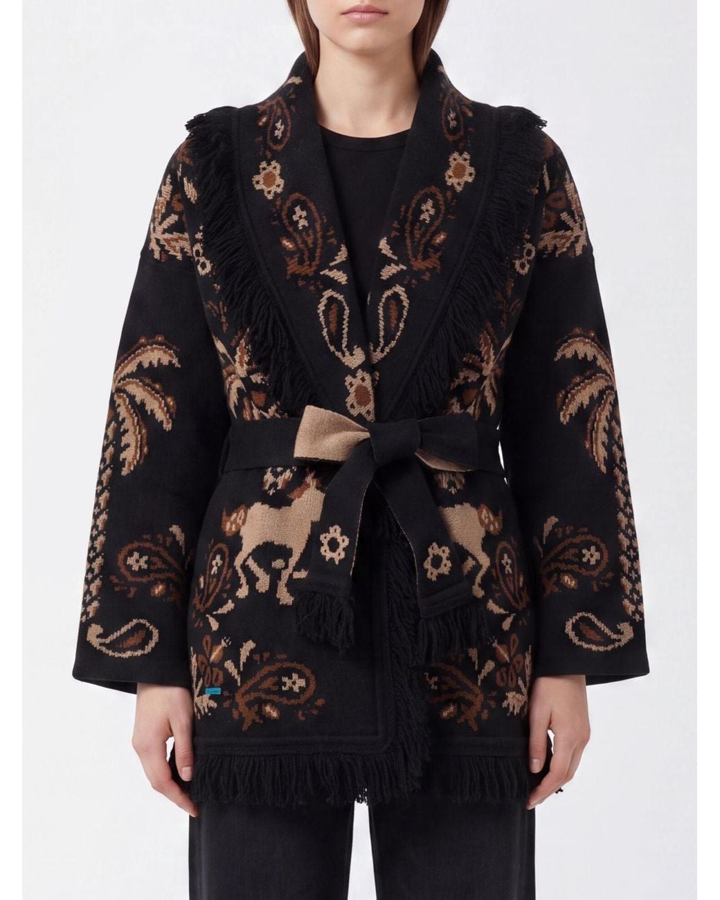 Alanui Black Jacquard Wool And Cashmere Blend Cardigan With Fringed Trim And Belt