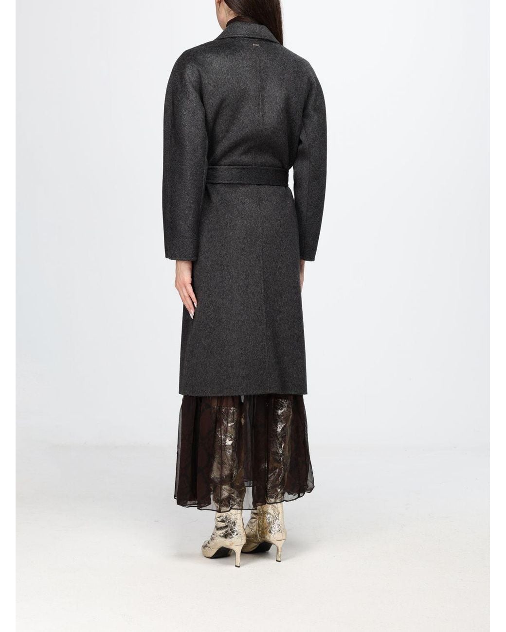Twinset Black Wool Blend Robe Coat With Belt And Rever Collar