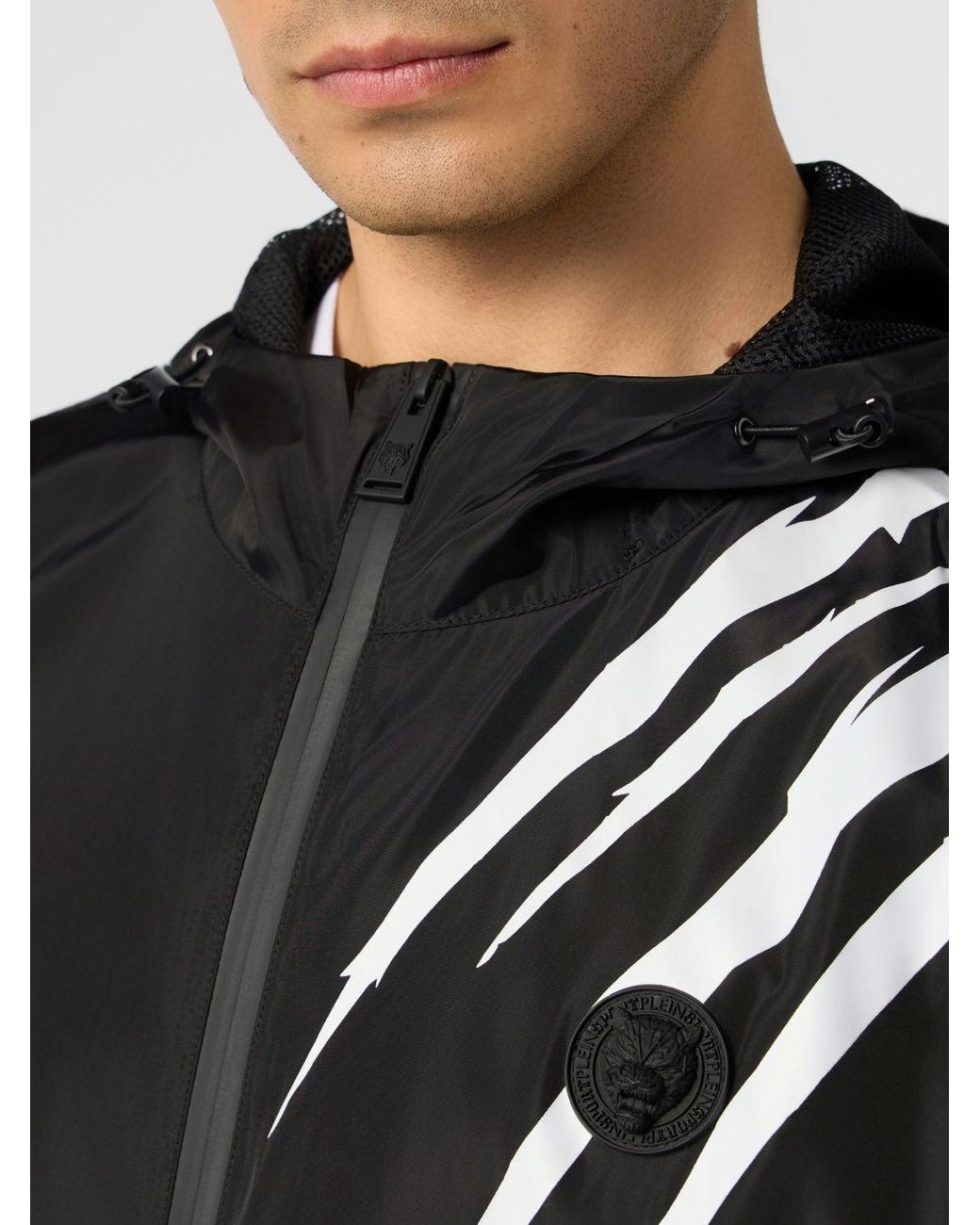Philipp Plein Black Nylon Windbreaker Jacket With Hood And Rear Contrast Logo for men