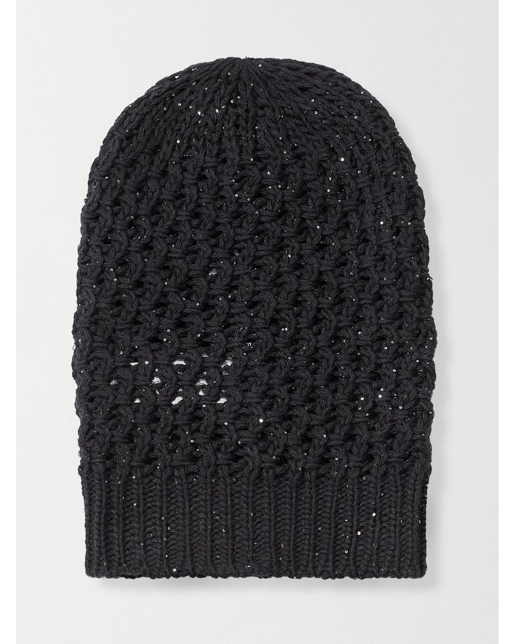 Fabiana Filippi Black Open-Knit Wool Blend Hat With Micro Sequins