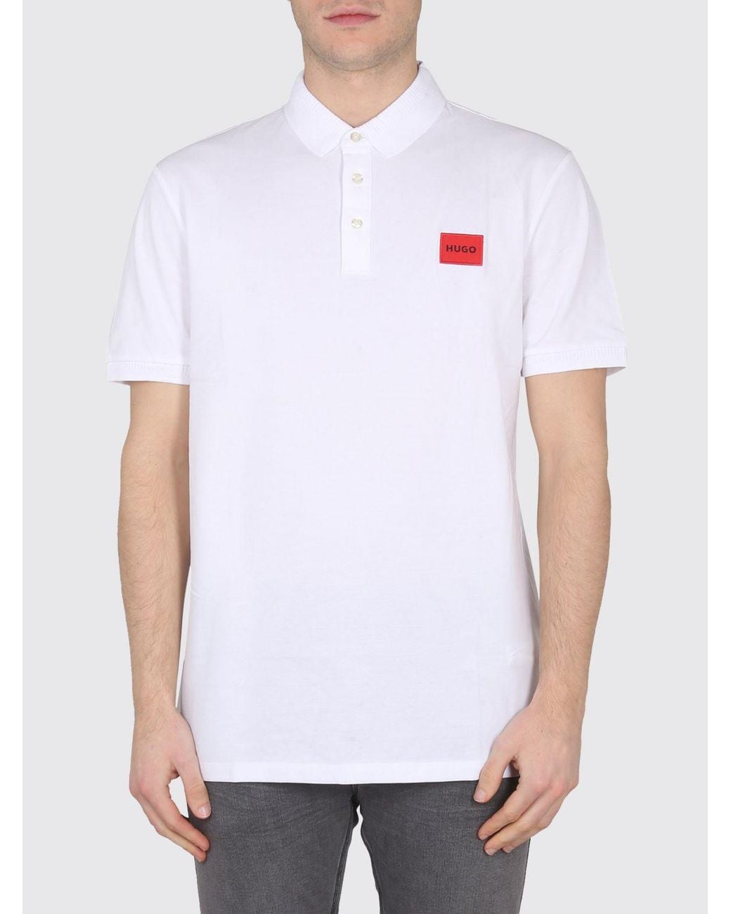 HUGO White Cotton Polo Shirt With Contrasting Logo And Three-Button Placket for men